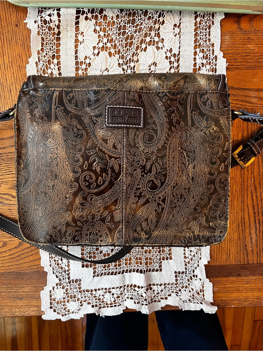 Relic Brown Embossed Paisley Messenger Crossbody Bag